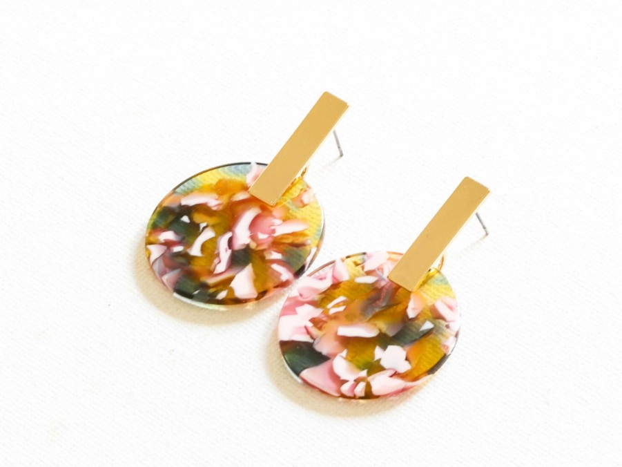 * Jewellery | Top Selling Green Pink Resin Disc Earrings